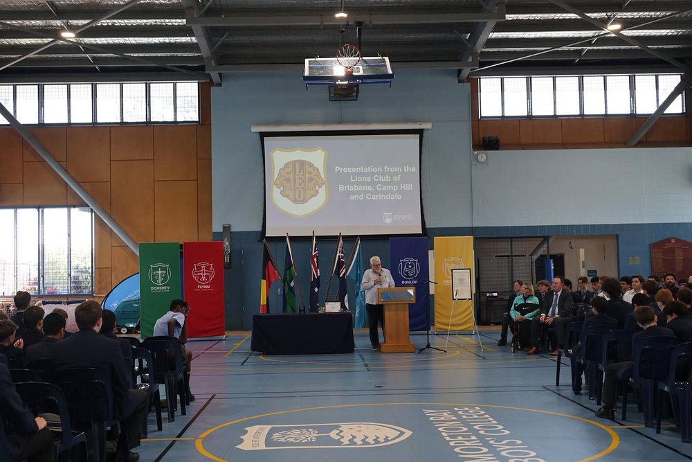 The College assembly watching a presentation from the Lions Club of Brisbane Camp Hill Carindale