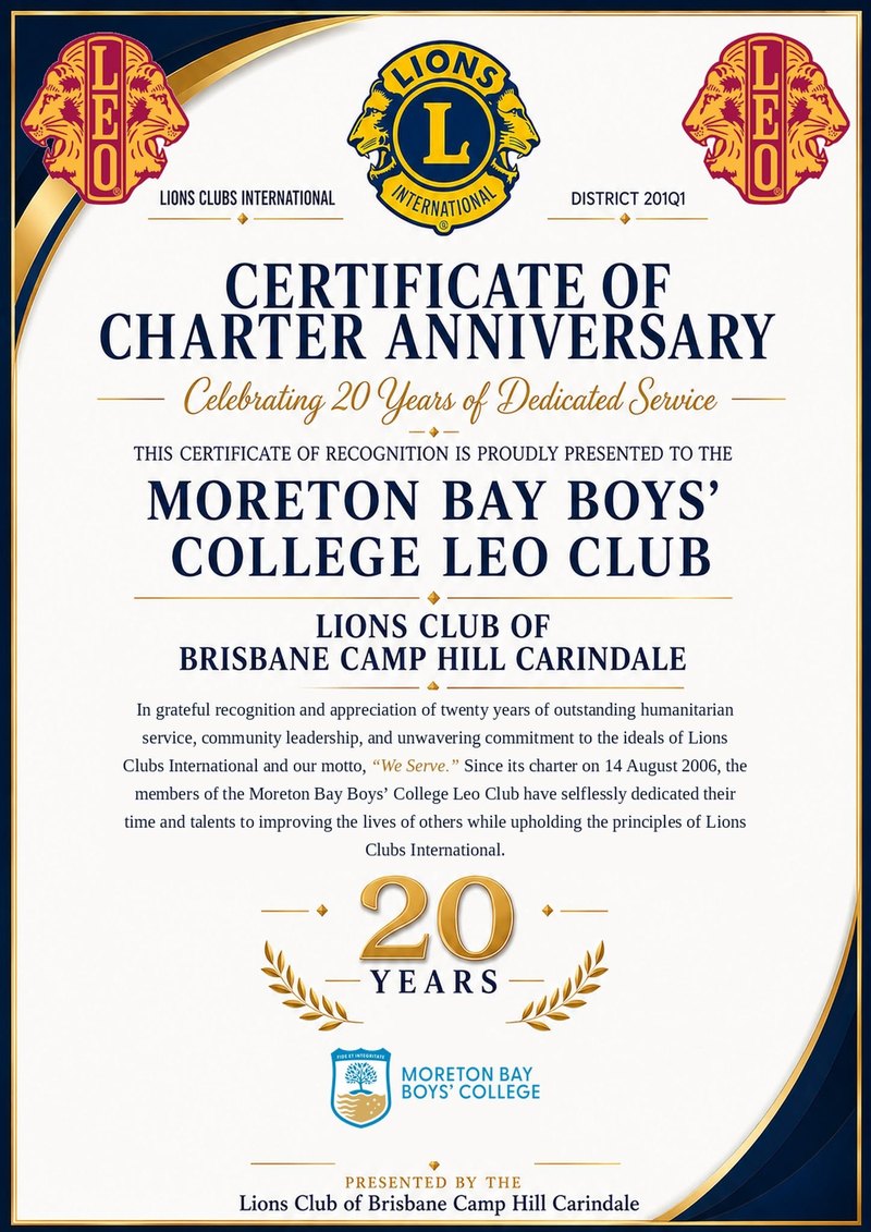 Certificate of Charter Anniversary celebrating 20 years of the Moreton Bay Boys’ College Leo Club