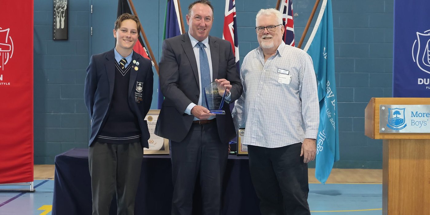A Leo, the College Principal and a Lion with the Australian Lions Foundation Community Service Award